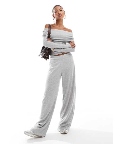 Kaiia fold detail ribbed off the shoulder top and wide leg pants set in heather gray - view 1