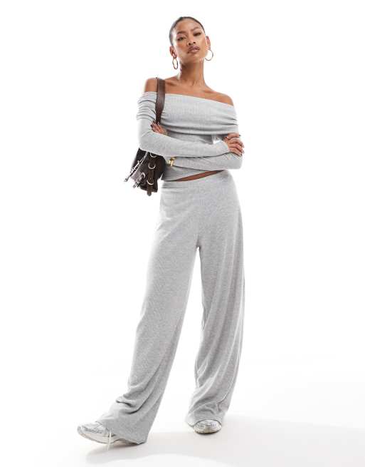 Kaiia fold detail ribbed off the shoulder top and wide leg pants set in heather gray