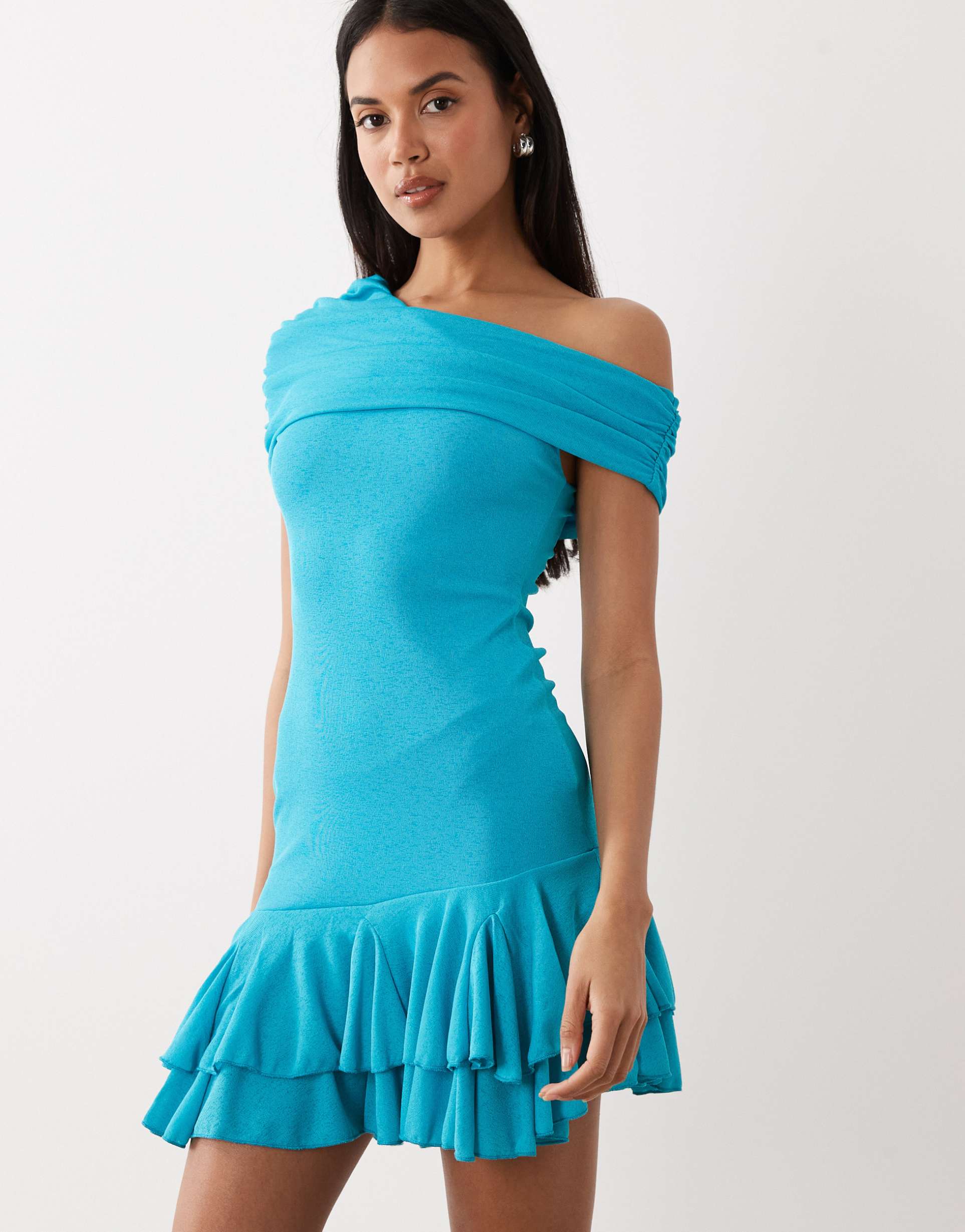 kaiia foldover detail off one shoulder asymmetric frill hem mini dress in bright blue