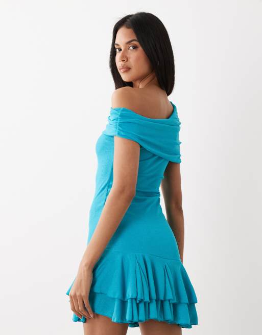 Kaiia foldover detail off one shoulder asymmetric frill hem mini dress in bright blue , 3 of 4