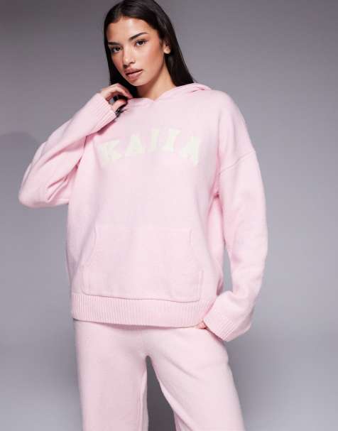 Kaiia - Gebreide hoodie van wolmix met geborduurd logo in roze, deel van co-ord set - view 1