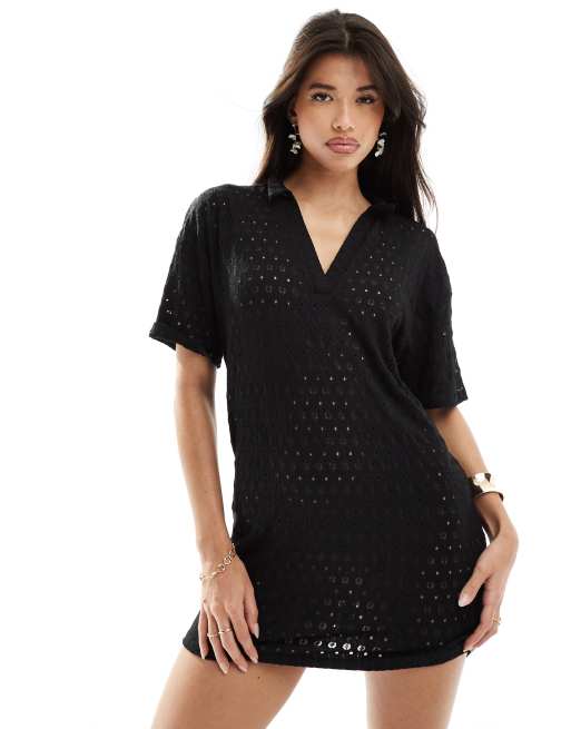 Kaiia - Gehaakte mini poloshirt-jurk in zwart