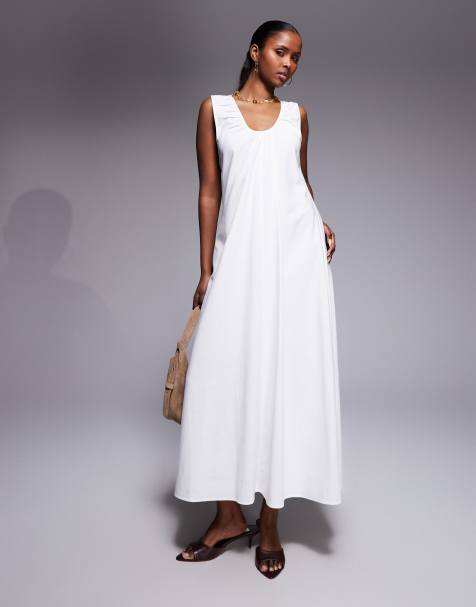 Kaiia – Gerafftes Midaxi-Strandkleid aus Baumwollmix in Weiß mit U-Ausschnitt - view 1