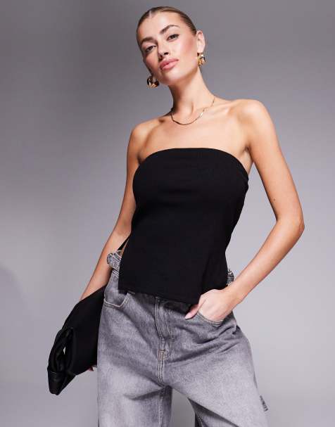 Kaiia - Geribbelde bandeau-top met zijsplit in zwart - view 1