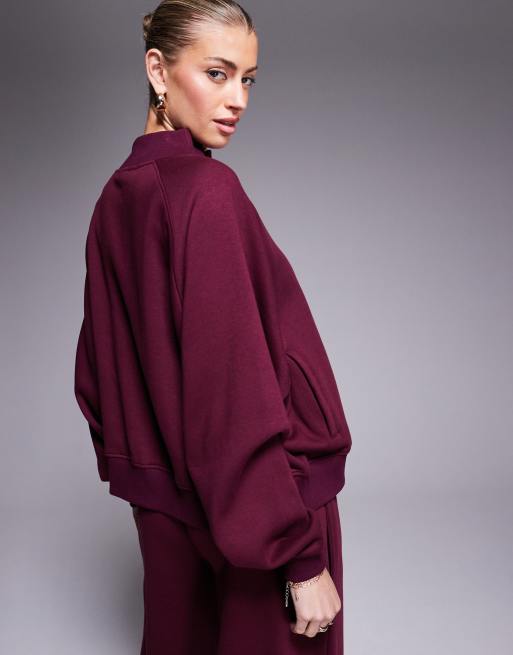 Kaiia - Giacca felpata stile bomber oversize bordeaux in misto cotone con zip e logo a contrasto in coordinato  , 3 di 4