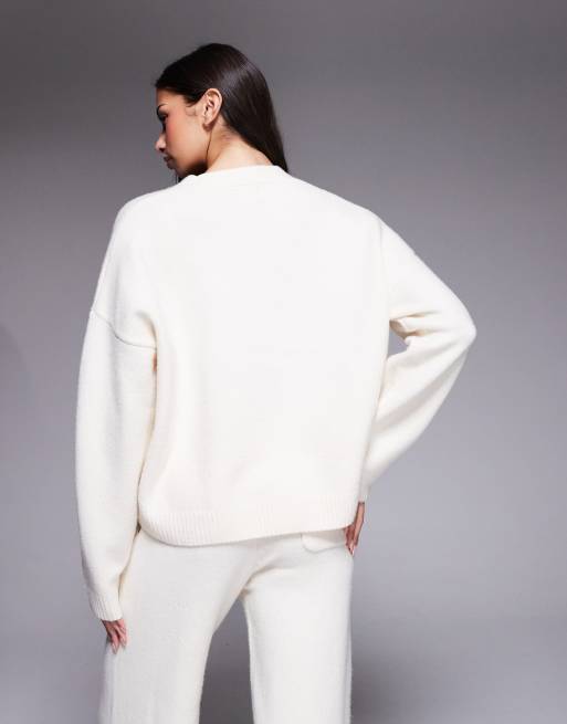 Kaiia - Gilet d'ensemble boutonné en maille effet laine à broderie logo - Crème, 4 de 4