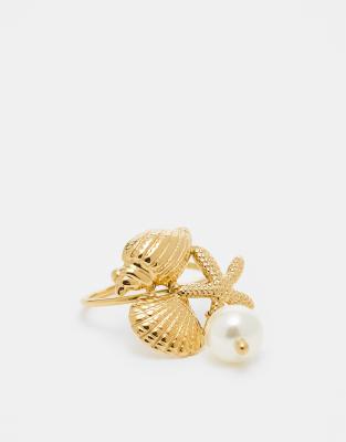 Kaiia - Goldfarbener, verstellbarer Ring aus Edelstahl mit Muschelmix-Design und Perlendetail