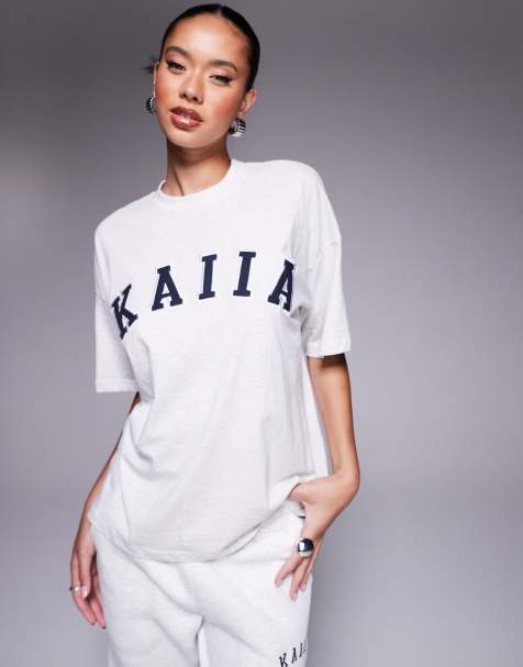 Kaiia – Gråmelerad t-shirt i oversize med broderad logga - view 1