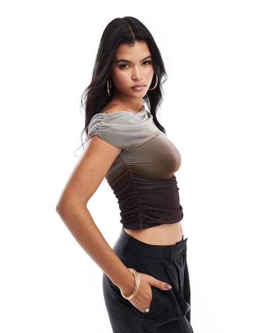 Kaiia – Grön, ombrémönstrad off shoulder-topp i mesh
