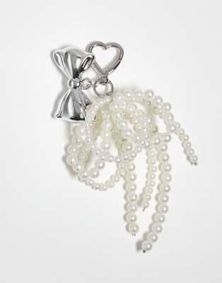 heart carabiner pearl and chrome bow bag charm in silver