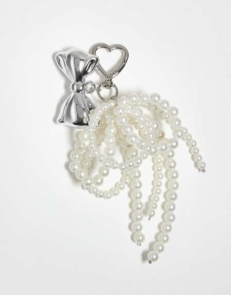 Kaiia heart carabiner pearl and chrome bow bag charm in silver - view 1