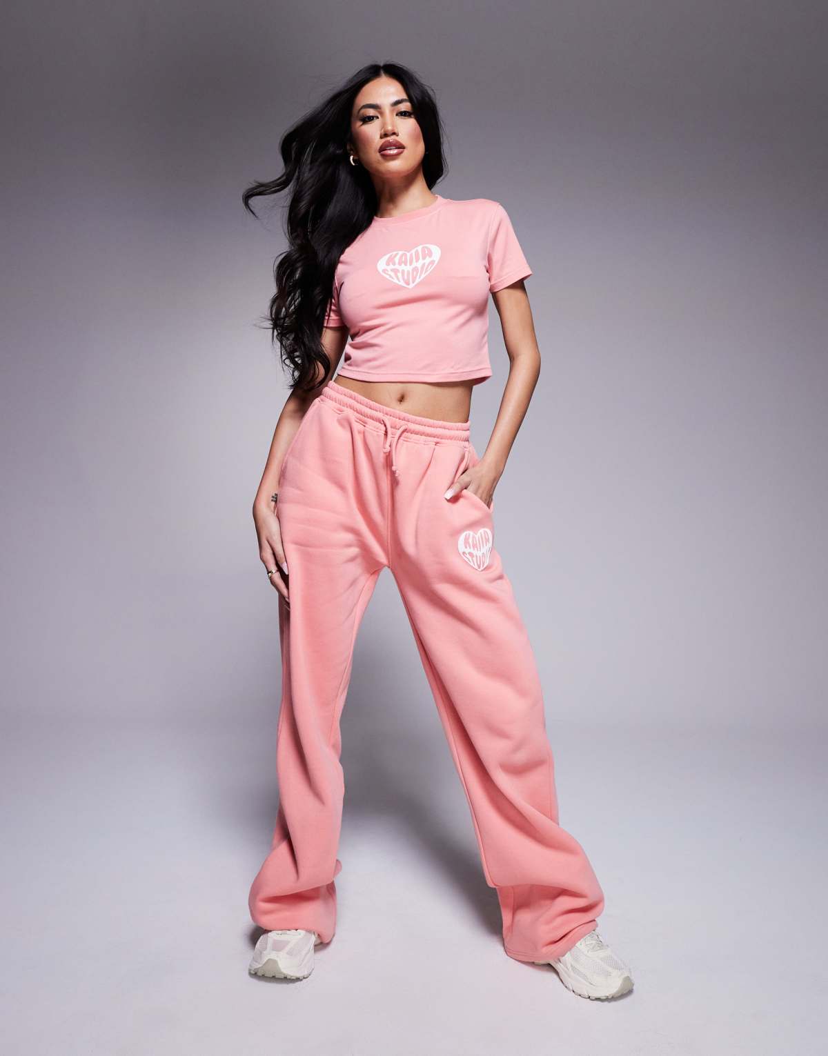 Kaiia heart logo baby tee, hoodie and joggers co-ord in peach