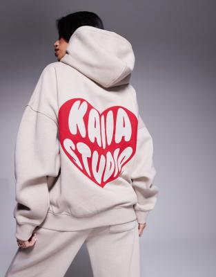 heart logo oversized hoodie in stone and red - part of a set-Neutral