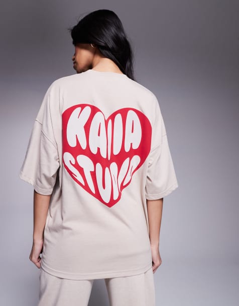 Kaiia heart logo oversized tee in stone and red (part of a set) - view 1