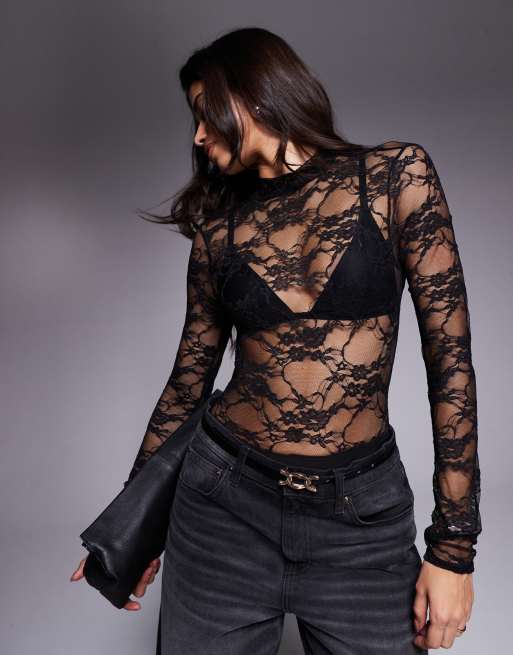 Kaiia high neck scalloped lace open back bodysuit in black