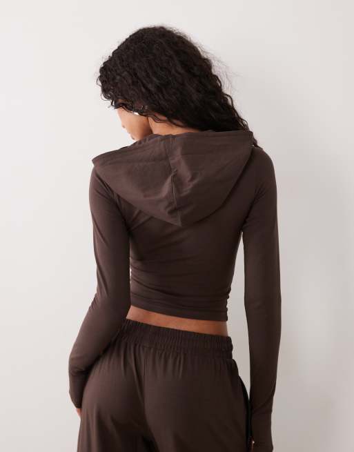 Kaiia hoodie co-ord met rits en zachte touch in chocoladebruin, 4 van 4