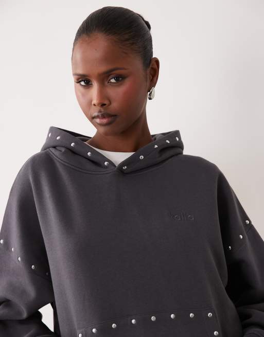 Kaiia hoodie coordonné oversize à logo brodé et clous en gris foncé, 4 de 4