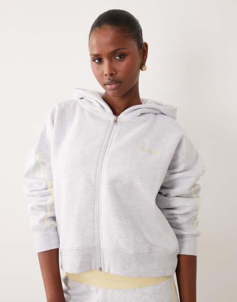 Kaiia Hoodie-Kombiteil mit hohem Baumwollanteil, Oversize, durchgehendem Reißverschluss und Seitenstreifen in Graumeliert und Zitronengelb - view 1