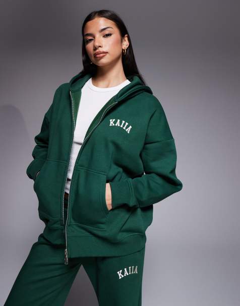 Kaiia - Hoodie met hoog katoenpercentage, geborduurd logo en rits in bosgroen, deel van co-ord set - view 1