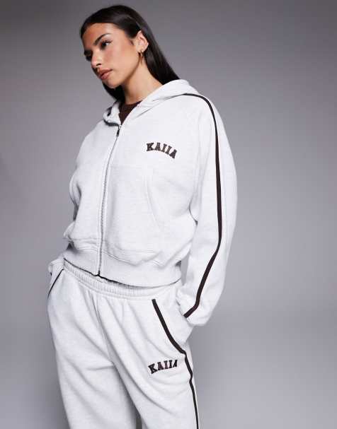 Kaiia - Hoodie met hoog katoenpercentage, geborduurd logo, zijstreep en rits in lichtgrijs, deel van co-ord set - view 1
