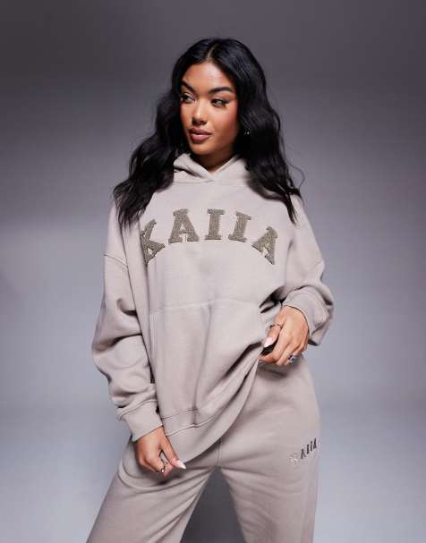 Kaiia - Hoodie van katoenmix met logo met textuur in licht taupe, deel van co-ord set - view 1