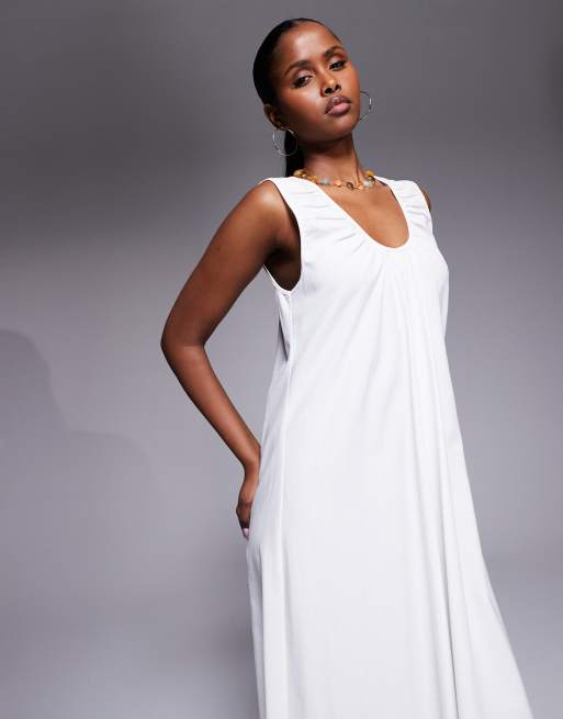 Kaiia - Hvid midaxi-strandkjole med rynker og dyb rund hals i bomuldsblanding, 3 af 4