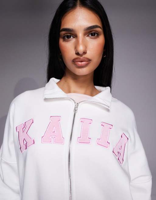Kaiia - Hvid og lyserød sweatshirt med ståkrave og lynlås og broderet logo - Del af sæt, 2 af 4