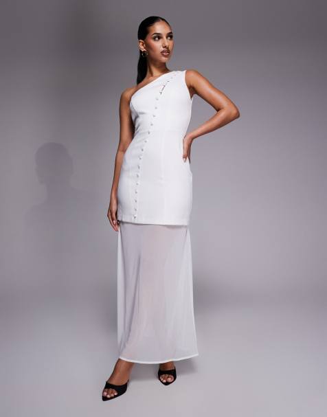 Kaiia - Hvid oneshoulder-maxikjole med knapper og gennemsigtig kant - Kun hos ASOS - view 1