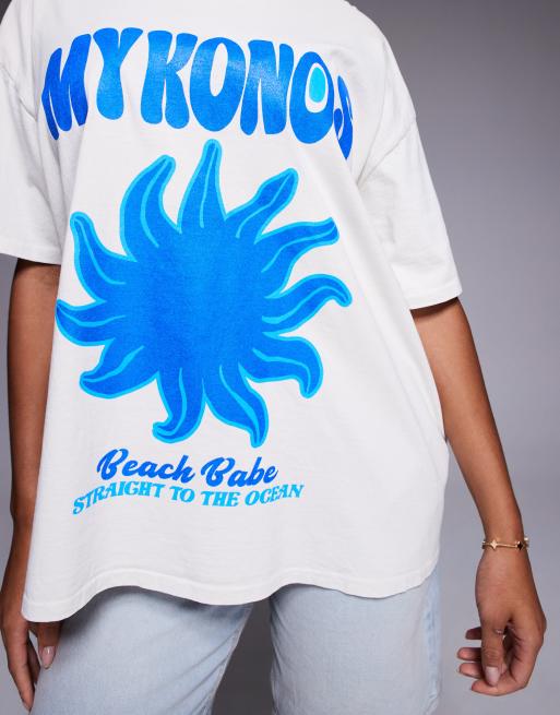 Kaiia - Hvid oversized T-shirt med 'Mykonos'-solgrafik i bomuld - Kun hos ASOS , 4 af 4
