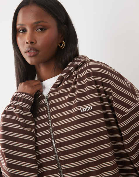 Kaiia jersey fleece oversized zip through fleece hoodie co-ord in chocolate & cream stripe - view 1
