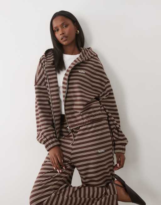 Kaiia jersey fleece oversized zip through fleece hoodie co-ord in chocolate & cream stripe, 2 of 4