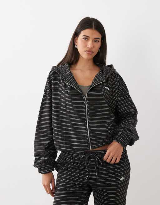 Kaiia oversized zip through fleece hoodie and trousers co-ord in navy and cream stripe - MULTI, 3 of 3