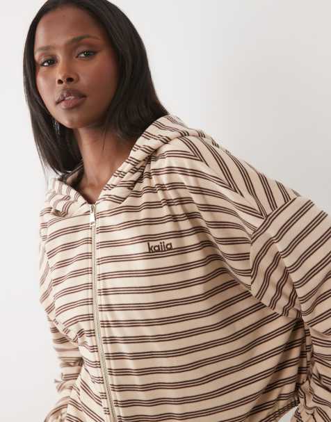 Kaiia jersey fleece oversized zip-through fleece hættetrøje-sæt i creme og brun stribe - view 1
