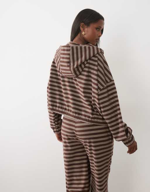 Kaiia jersey fleece oversized zip-through fleece huvtröja set i choklad- och krämrandig, 3 av 4