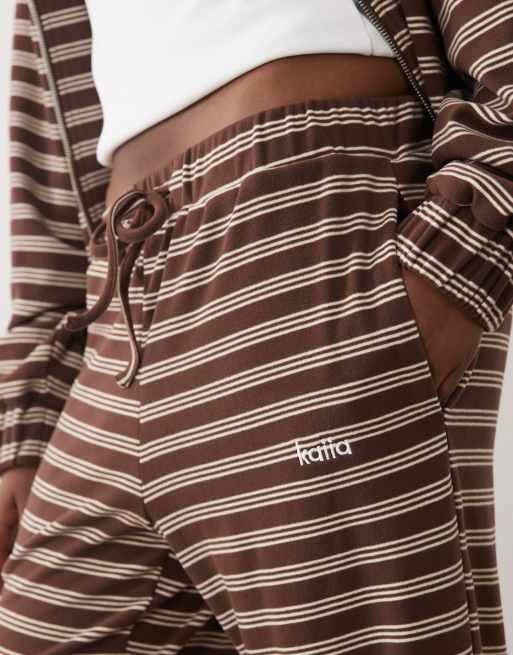 Kaiia jersey fleece wide leg drawstring pants in chocolate & cream stripes - part of a set, 3 of 5