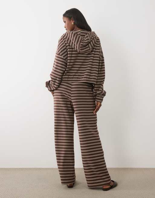 Kaiia jersey fleece wide leg drawstring pants in chocolate & cream stripes - part of a set, 5 of 5