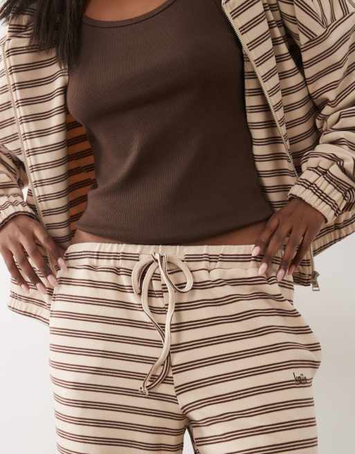 Kaiia jersey fleece wide leg drawstring pants in cream & brown stripes - part of a set, 2 of 5