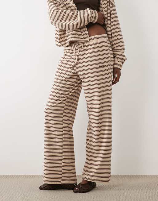 Kaiia jersey fleece wide leg drawstring pants in cream & brown stripes - part of a set, 3 of 5