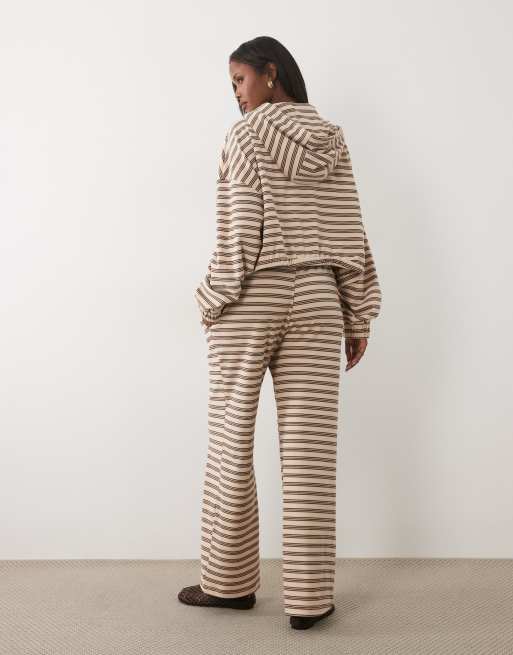 Kaiia jersey fleece wide leg drawstring pants in cream & brown stripes - part of a set, 5 of 5