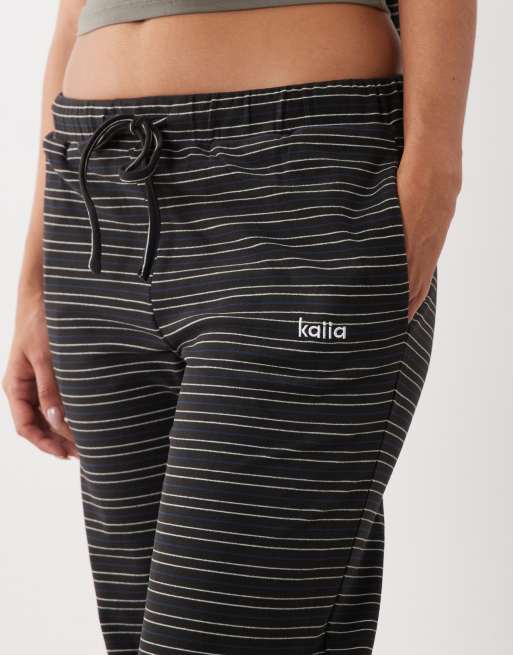 Kaiia jersey fleece wide leg drawstring pants in navy stripe (Part of a set), 2 of 5
