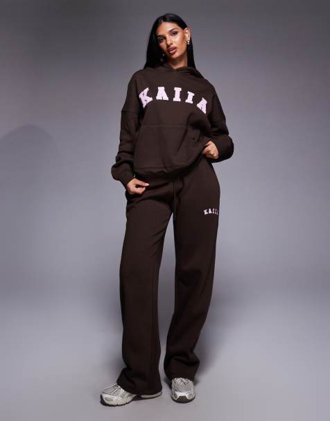 Kaiia - Joggers a fondo ampio color cioccolato e rosa con logo ricamato in coordinato - view 1