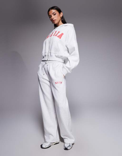 Kaiia - Coordinato in misto cotone grigio mélange e corallo con joggers a fondo ampio e felpa con cappuccio oversize con zip e logo ricamato, 3 di 3