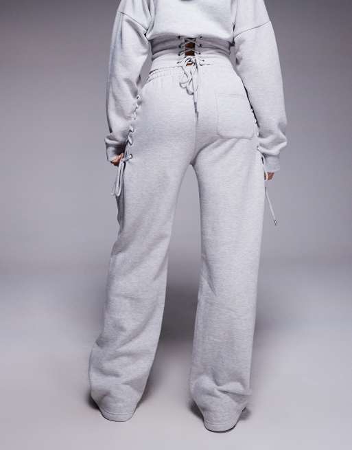 Kaiia - Joggers a fondo ampio grigio medio in misto cotone con allacciatura laterale in coordinato  , 5 di 5