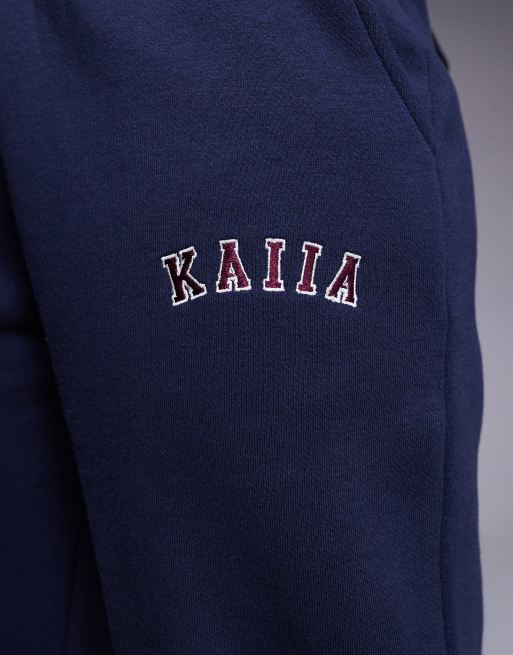 Kaiia - Joggers a fondo ampio in misto cotone blu navy e rossi con logo ricamato in coordinato  , 3 di 5