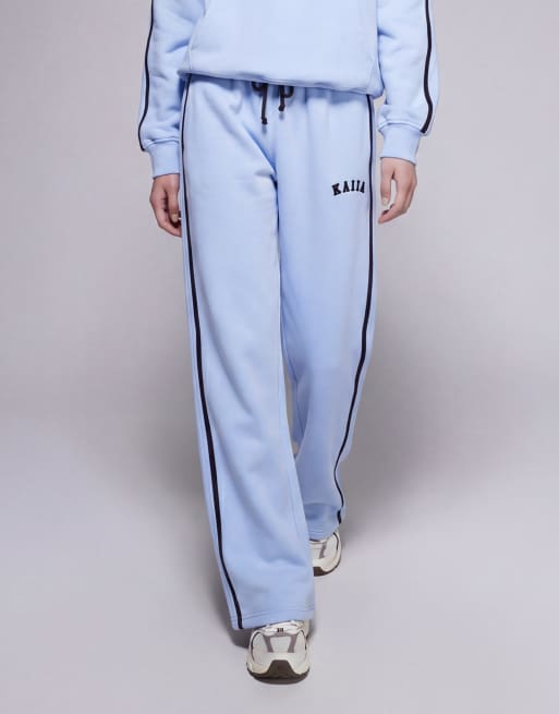 Kaiia - Joggers a fondo ampio in misto cotone celeste con righe a contrasto e logo ricamato in coordinato, 5 di 5