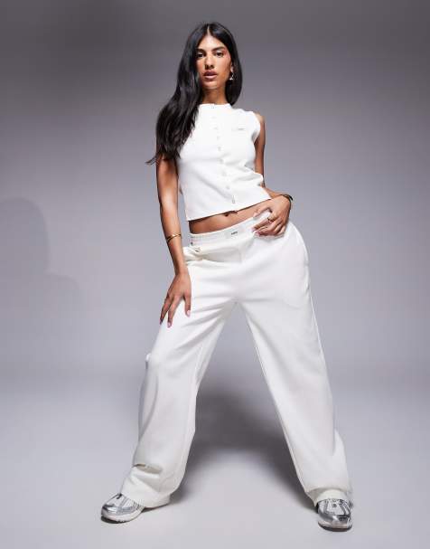 Kaiia - Joggers a fondo ampio in misto cotone con cucitura frontale e logo color crema in coordinato - view 1