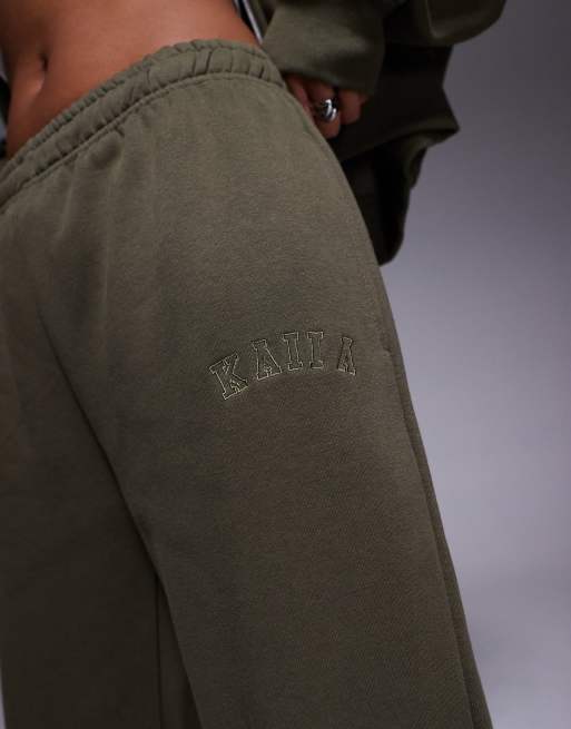 Kaiia - Joggers a fondo ampio kaki in misto cotone con logo ricamato in coordinato  , 5 di 5
