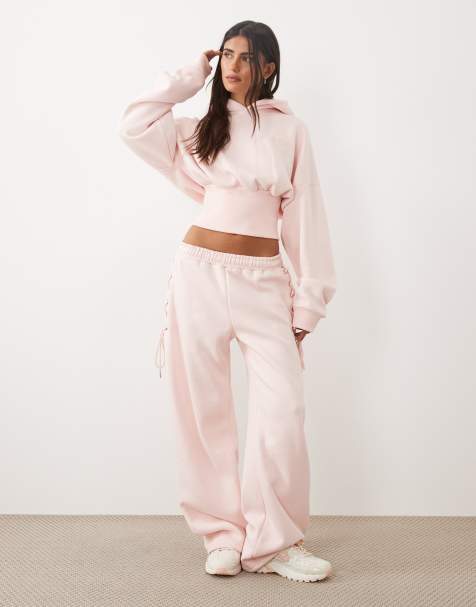 Kaiia joggers co-ord a gamba ampia con dettaglio laterale stringato in misto cotone color milkshake alla fragola - view 1