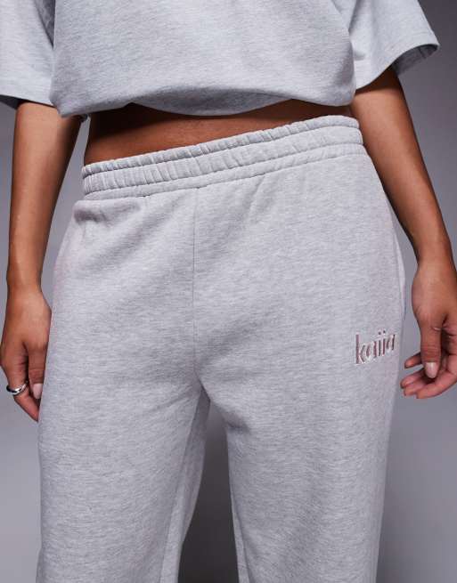 Kaiia - Joggers con fondo ampio in misto cotone grigio chiaro e rosa con logo ricamato in coordinato    , 3 di 5