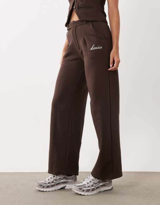 Kaiia - Joggers in misto cotone color cioccolato con pinces e fondo ampio in coordinato, 3 di 5